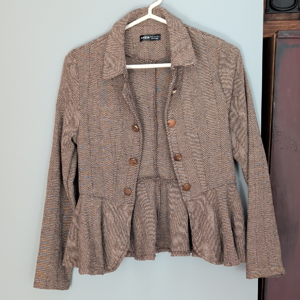 Brown Herringbone Peplum Blazer